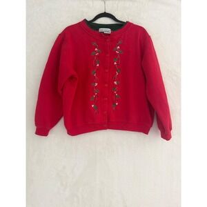 Shenanigans Vintage Red Holly Embroidered Fleece Button Front Cardigan XL